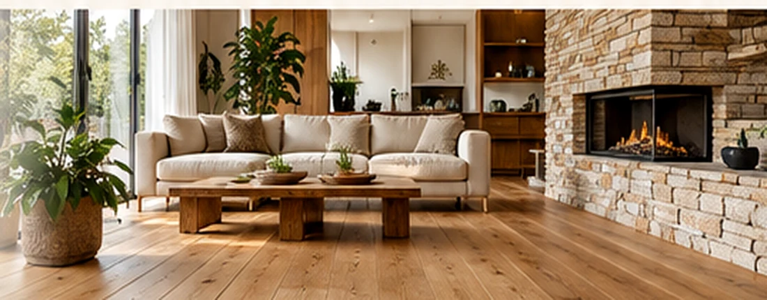 Jasny salon, drewniana podłoga i naturalne materiały